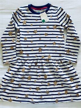 Mini Boden, Navy & White Striped Star Print Long Sleeve Dress Girl, NWT!